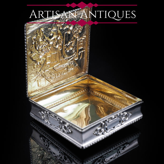 English Solid Silver Square Table Snuff Box with Repousse & Gold Gilt - Artisan Antiques