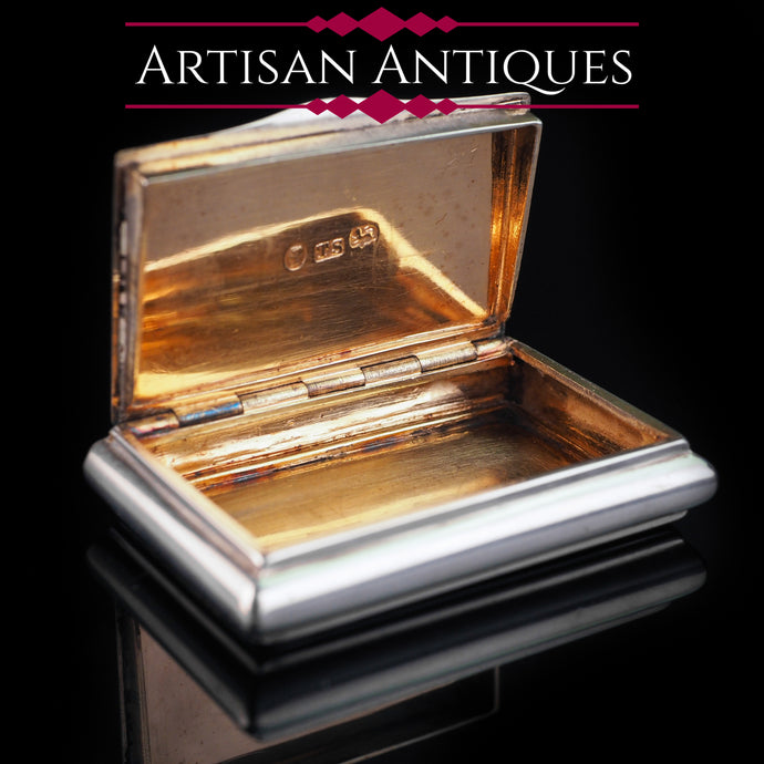 Antique English Victorian Solid Silver Snuff Box with Gold Gilt Interior - Birmingham 1838 - Artisan Antiques