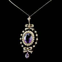 Load image into Gallery viewer, Antique Edwardian Amethyst &amp; Seed Pearl 9K Gold Necklace Pendant - c.1905
