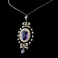 Load image into Gallery viewer, Antique Edwardian Amethyst &amp; Seed Pearl 9K Gold Necklace Pendant - c.1905
