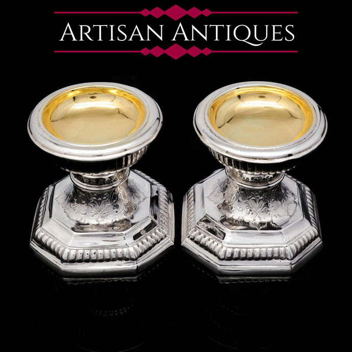 A Unique Antique Pair of Solid Silver Salt Cellars, Pedestal Design - Daniel & John Wellby 1886 - Artisan Antiques