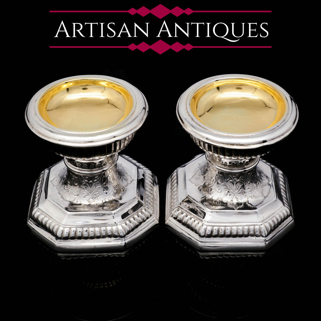 A Unique Antique Pair of Solid Silver Salt Cellars, Pedestal Design - Daniel & John Wellby 1886 - Artisan Antiques