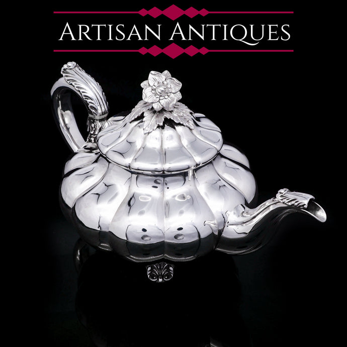 Antique Georgian Solid Silver Teapot 'Melon Shaped' - Robert Hennell 1836 - Artisan Antiques