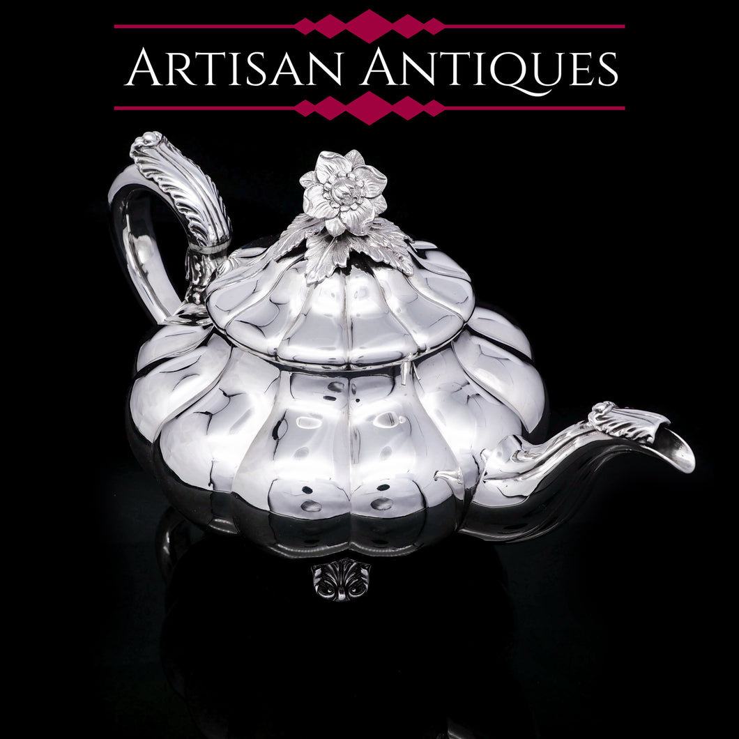Antique Georgian Solid Silver Teapot 'Melon Shaped' - Robert Hennell 1836 - Artisan Antiques
