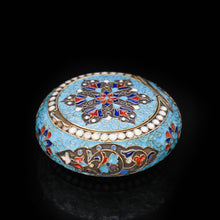 Load image into Gallery viewer, Russian Cloisonne Enamel Silver Pill Box - Grigory Sbitnev c.1900 - Artisan Antiques
