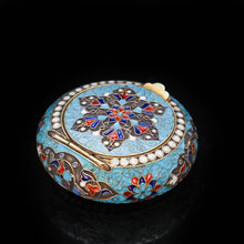 Load image into Gallery viewer, Russian Cloisonne Enamel Silver Pill Box - Grigory Sbitnev c.1900 - Artisan Antiques

