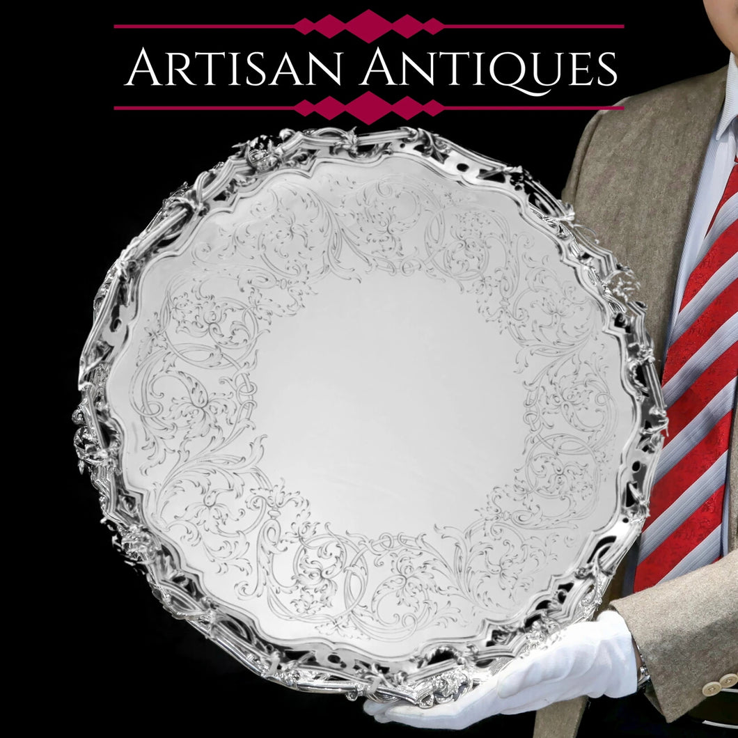 An Exceptional Large Solid Sterling Silver Victorian Salver/Tray/Platter 47cm (2.9kg) with Cast Border - Hunt & Roskell (Late Storr Mortimer & Hunt)