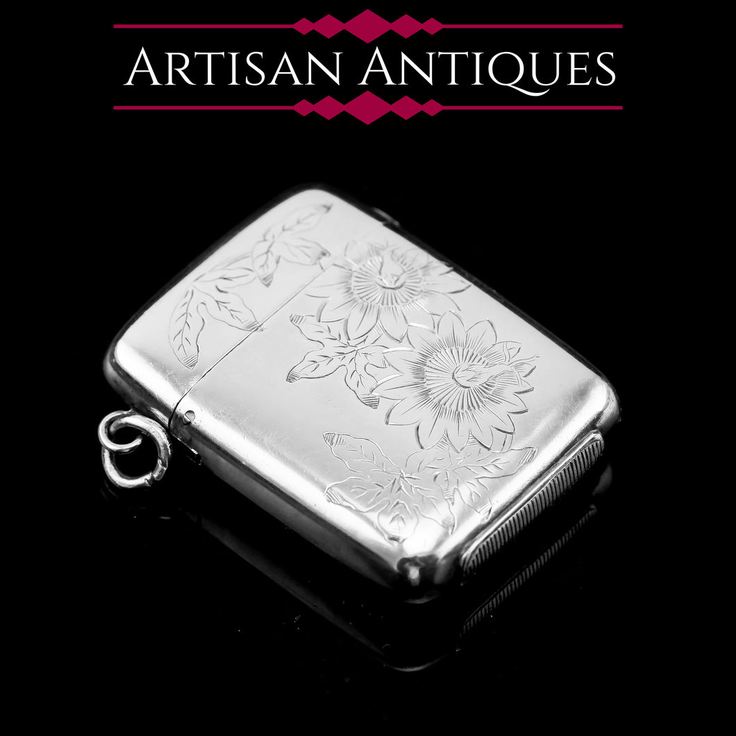Antique Victorian Solid Silver Vesta Case Aesthetic Style Engravings - Joseph Whitten 1885