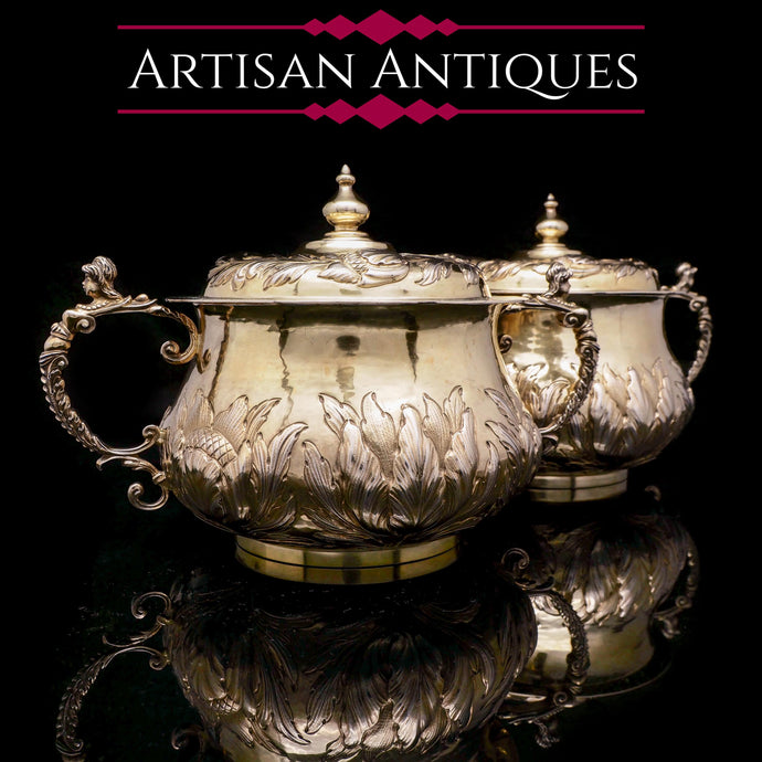 A Spectacular Pair of Solid Silver Gilt Bowls/Porringers - Carrington & Co 1909 - Artisan Antiques