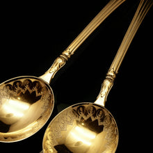Load image into Gallery viewer, A Victorian Pair of Solid Silver Gilt Spoons with Fine Engravings - Francis Higgins 1883 - Artisan Antiques

