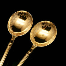 Load image into Gallery viewer, A Victorian Pair of Solid Silver Gilt Spoons with Fine Engravings - Francis Higgins 1883 - Artisan Antiques
