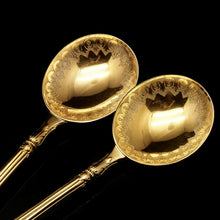 Load image into Gallery viewer, A Victorian Pair of Solid Silver Gilt Spoons with Fine Engravings - Francis Higgins 1883 - Artisan Antiques
