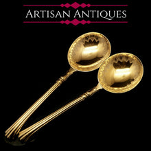 Load image into Gallery viewer, A Victorian Pair of Solid Silver Gilt Spoons with Fine Engravings - Francis Higgins 1883 - Artisan Antiques
