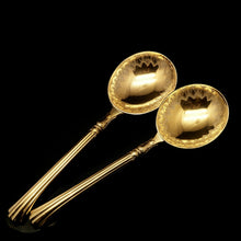 Load image into Gallery viewer, A Victorian Pair of Solid Silver Gilt Spoons with Fine Engravings - Francis Higgins 1883 - Artisan Antiques
