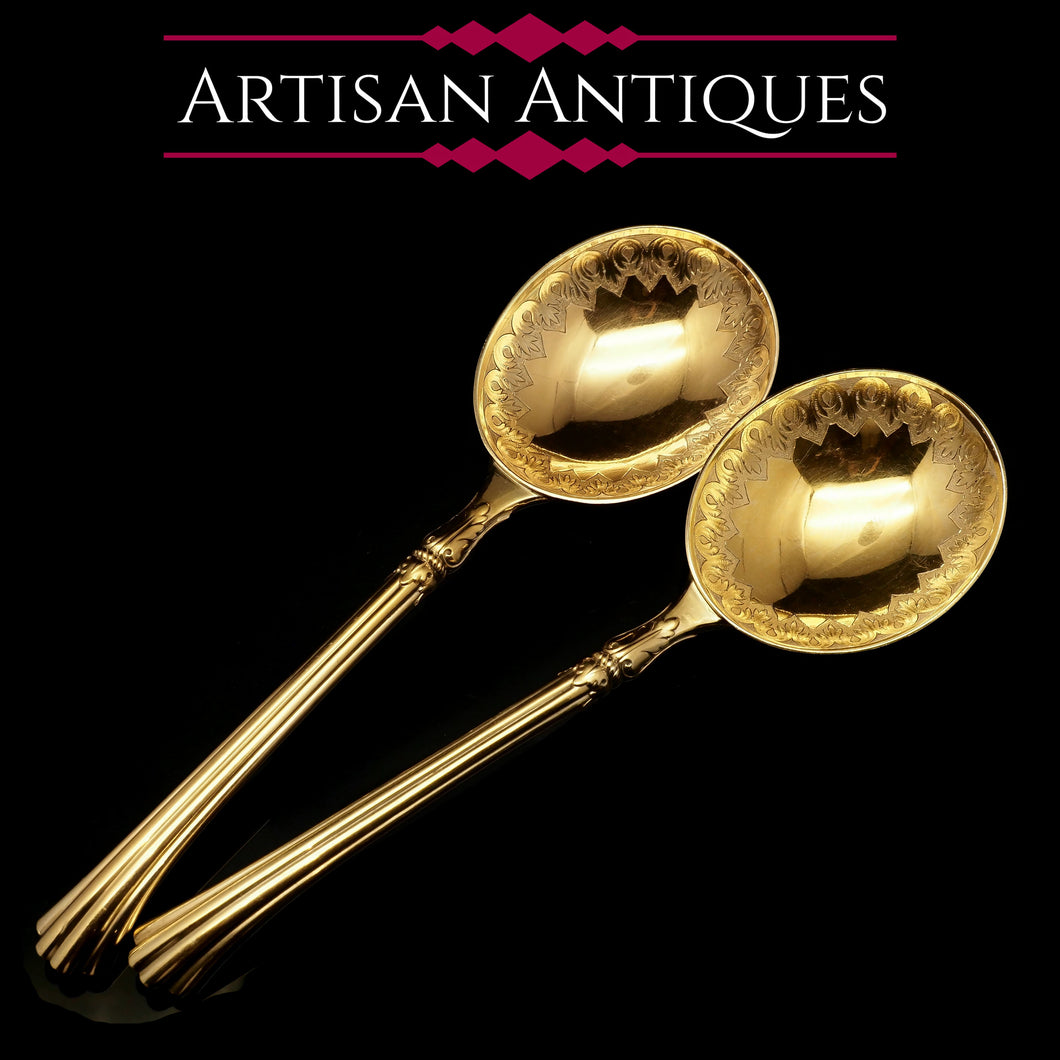 A Victorian Pair of Solid Silver Gilt Spoons with Fine Engravings - Francis Higgins 1883 - Artisan Antiques