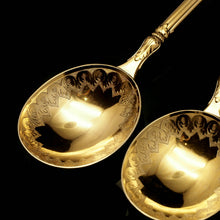 Load image into Gallery viewer, A Victorian Pair of Solid Silver Gilt Spoons with Fine Engravings - Francis Higgins 1883 - Artisan Antiques
