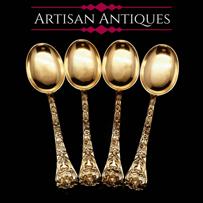 An Antique Set of 4 Solid Silver Gilt Spoons with Highly Embossed Design - Henry William Curry 1871 - Artisan Antiques