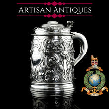 Load image into Gallery viewer, Antique Solid Sterling Silver Large Tankard with Royal Marines Officer Interest - Goldsmiths &amp; Silversmiths Co 1900
