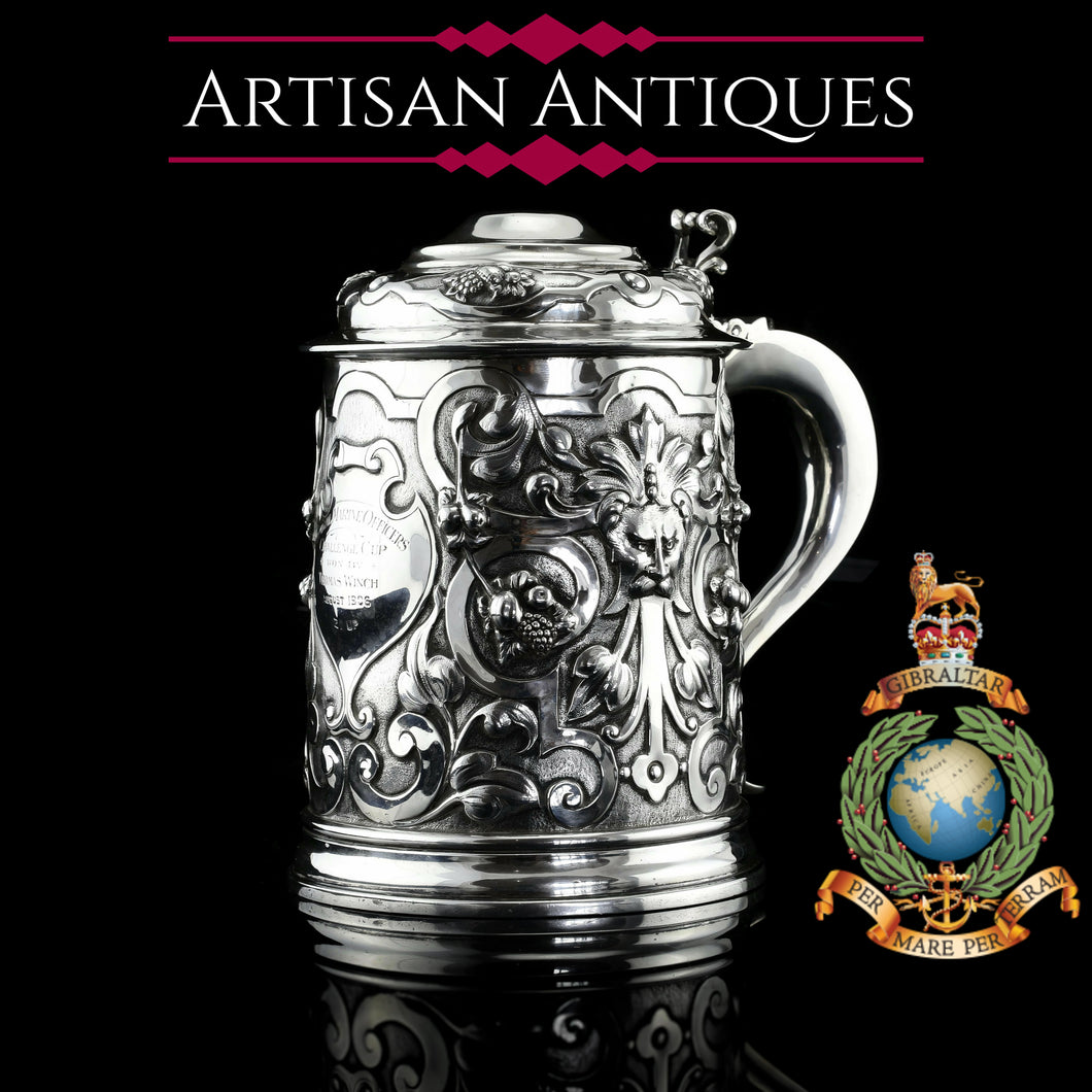 Antique Solid Sterling Silver Large Tankard with Royal Marines Officer Interest - Goldsmiths & Silversmiths Co 1900