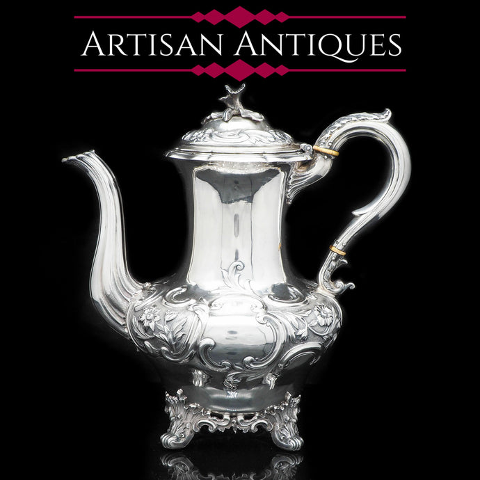 Exceptional Georgian Silver Coffee Pot with Ornate Chasing - J.Wrangham & W.Moulson 1836 - Artisan Antiques