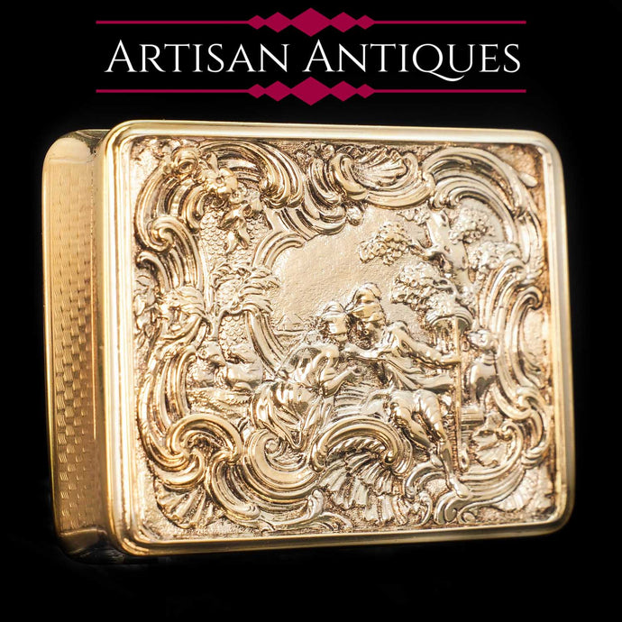 Magnificent Silver Gilt Georgian Rococo Snuff Box with Shepherd Boy Scene - James Barrat 1816 - Artisan Antiques