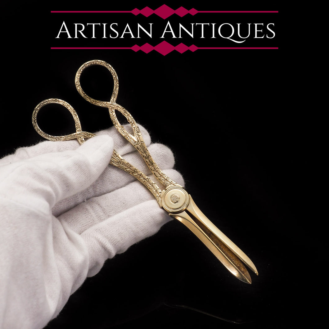 A Victorian Solid Silver Gilt Pair of Grape Scissors - John Gilbert 1864 - Artisan Antiques