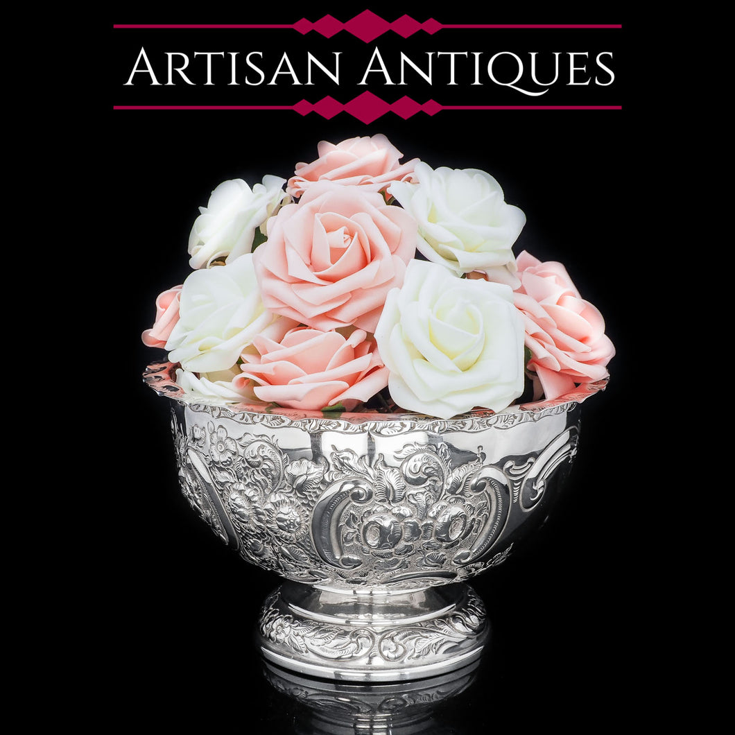 A Large Solid Silver Fruit/Punch Bowl with Chased Motifs - Barraclough & Sons 1904 - Artisan Antiques