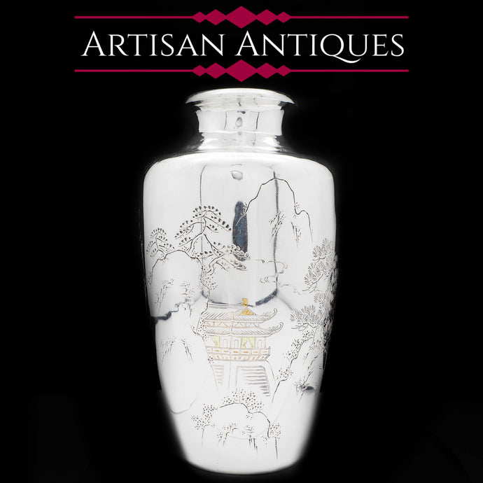 Antique Silver Japanese Hand Engraved Vase - Meiji Era c.1890 - Artisan Antiques