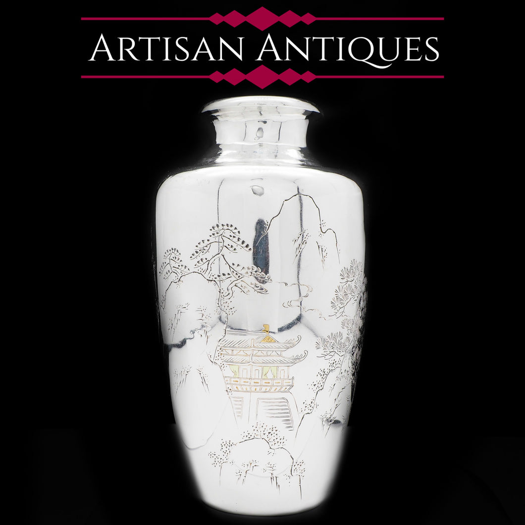 Antique Silver Japanese Hand Engraved Vase - Meiji Era c.1890 - Artisan Antiques