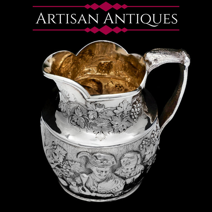 Antique Victorian Solid Silver Milk Jug/Pitcher with Figural Tavern Scene - Thomas Smily 1876 - Artisan Antiques