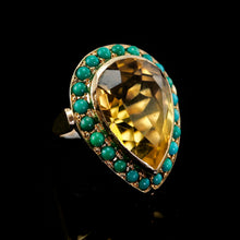 Load image into Gallery viewer, Vintage Huge Citrine (~17CT) and Turquoise 18K Gold Ring Pear Cut
