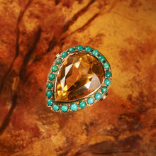 Load image into Gallery viewer, Vintage Huge Citrine (~17CT) and Turquoise 18K Gold Ring Pear Cut
