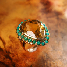 Load image into Gallery viewer, Vintage Huge Citrine (~17CT) and Turquoise 18K Gold Ring Pear Cut
