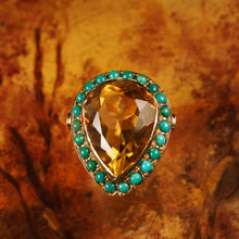 Load image into Gallery viewer, Vintage Huge Citrine (~17CT) and Turquoise 18K Gold Ring Pear Cut
