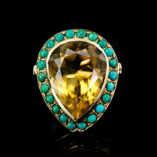 Load image into Gallery viewer, Vintage Huge Citrine (~17CT) and Turquoise 18K Gold Ring Pear Cut
