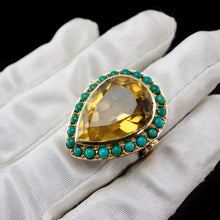 Load image into Gallery viewer, Vintage Huge Citrine (~17CT) and Turquoise 18K Gold Ring Pear Cut
