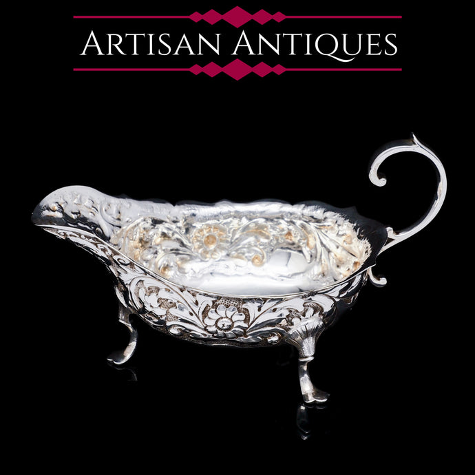 Antique Victorian Solid Silver Chased Sauce Boat - Horace Woodward & Co Ltd 1897 - Artisan Antiques
