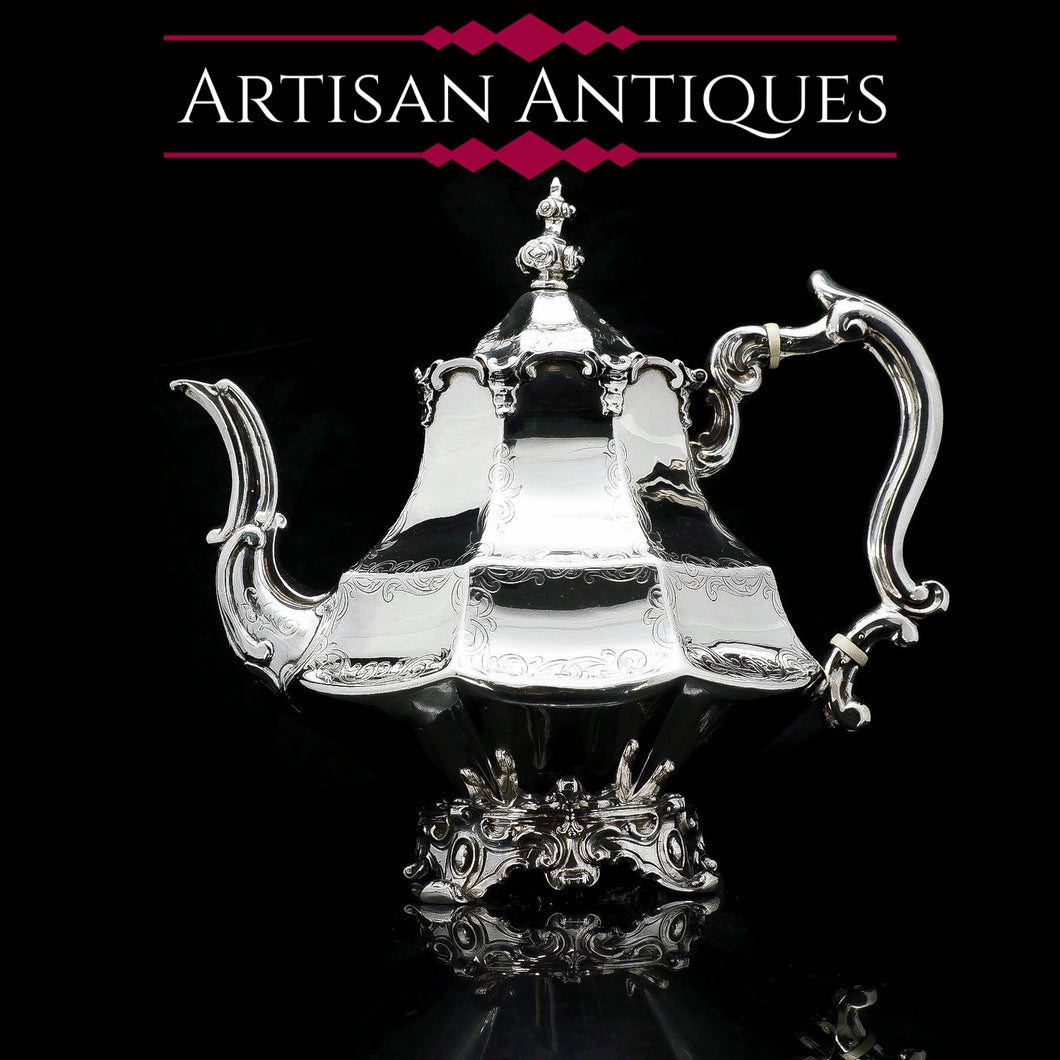 A Victorian Solid Silver Teapot with Engraved Panels - John & George Angell 1846 - Artisan Antiques