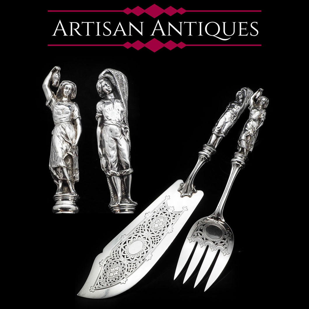 An Extremely Rare Pair of Figural Solid Silver Fish Servers - Francis Higgins 1882 - Artisan Antiques