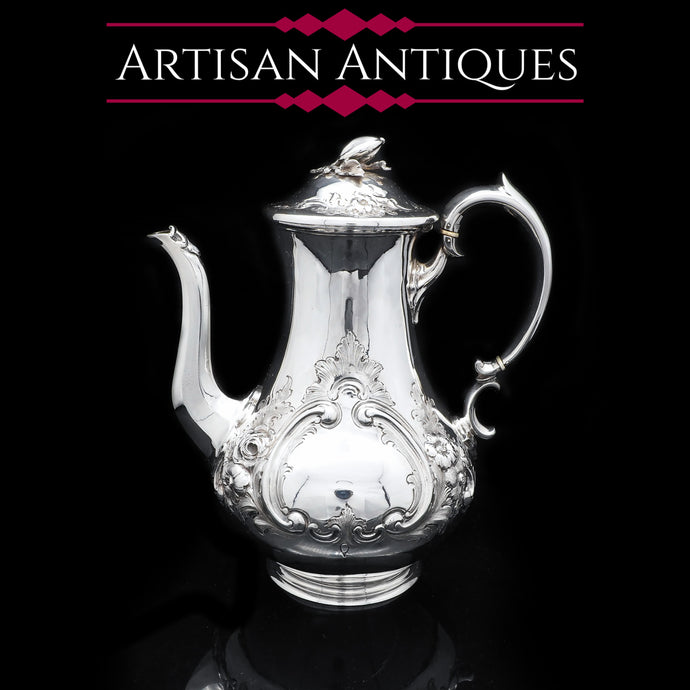 Victorian Solid Silver Coffee Pot with Ornate Chased Motifs - Robert Harper 1860 - Artisan Antiques