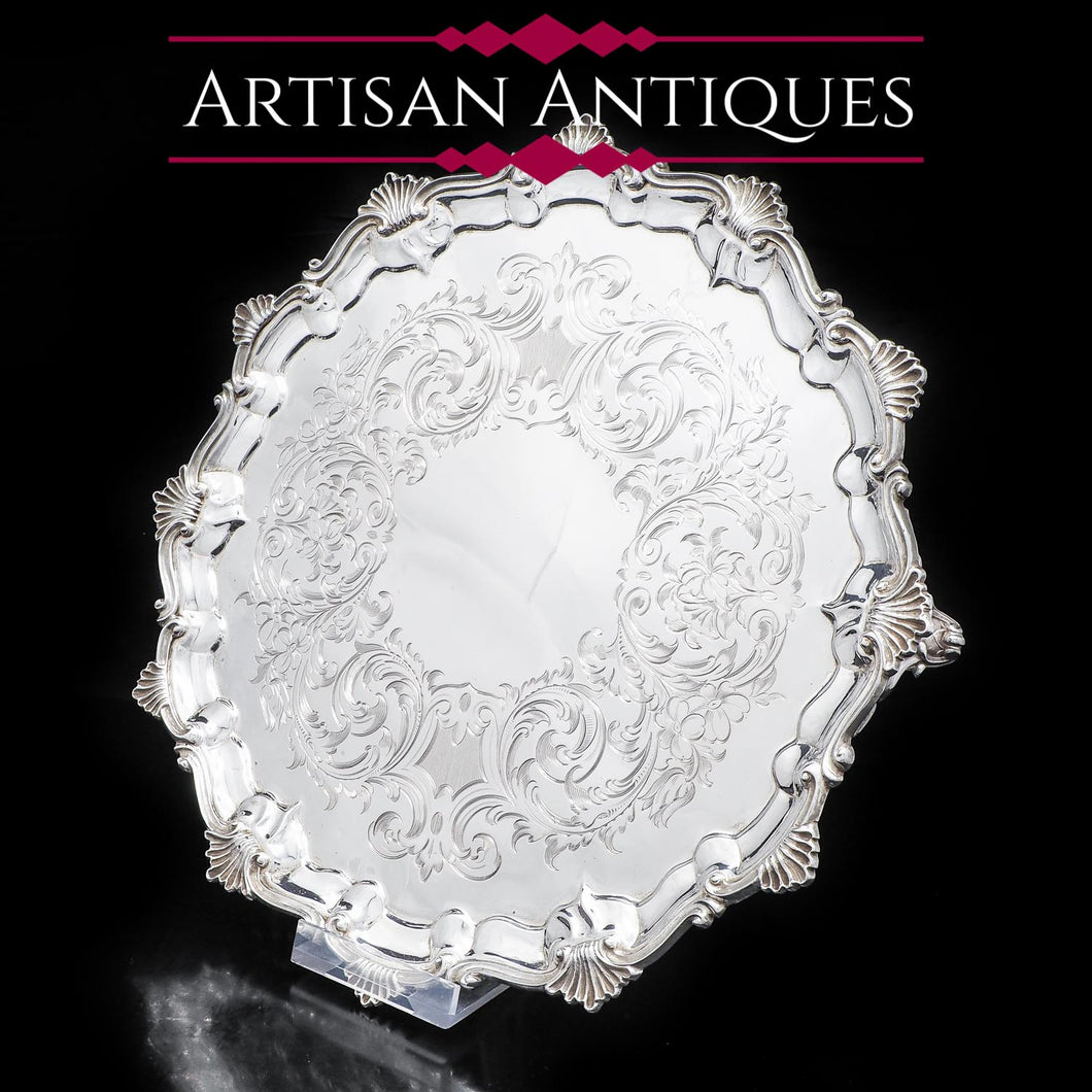 Large Victorian Solid Silver Salver Tray with Foliate Engravings - Henry Holland 1859 - Artisan Antiques