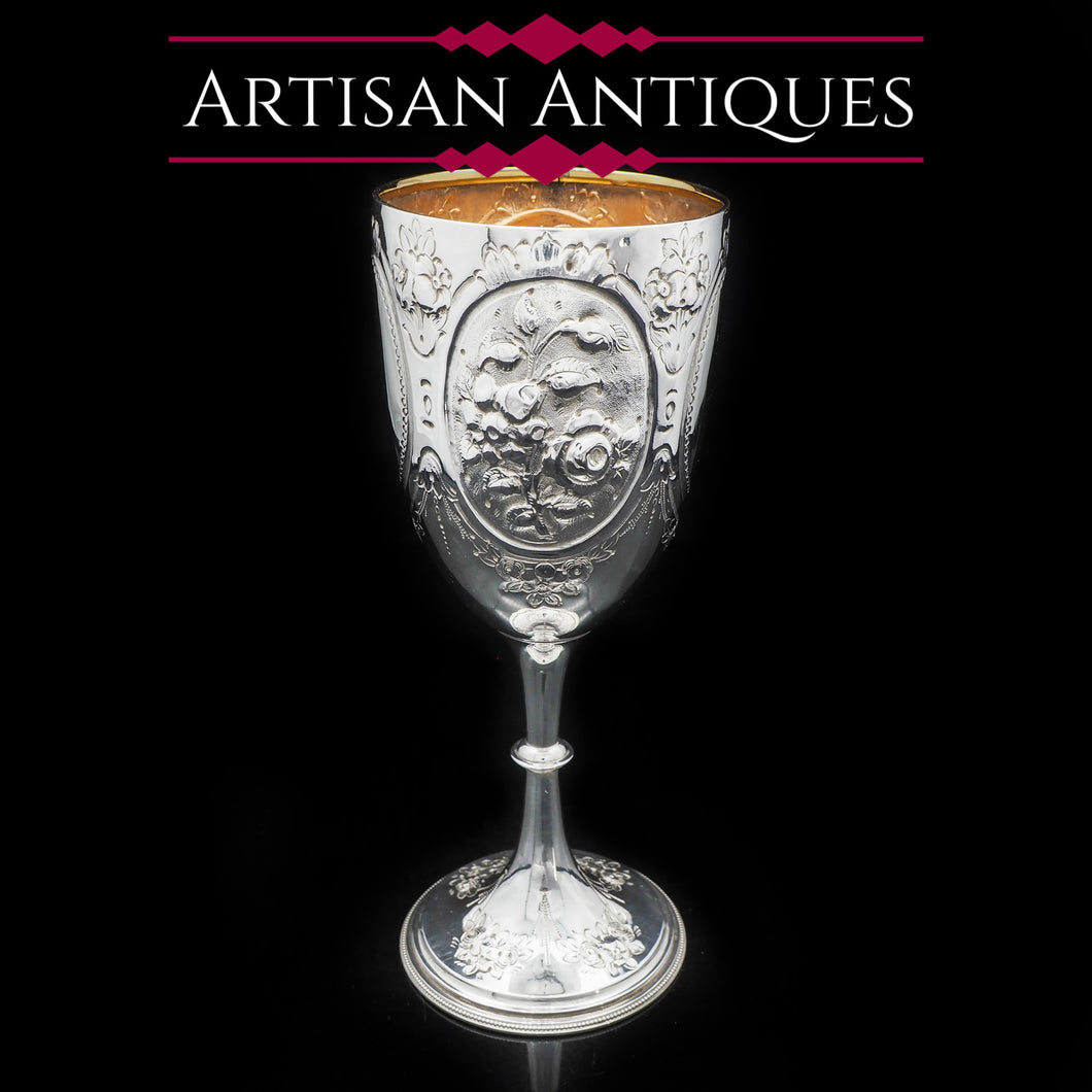 A Large Solid Silver Goblet with Victorian Chased Motifs - George Unite 1891 - Artisan Antiques