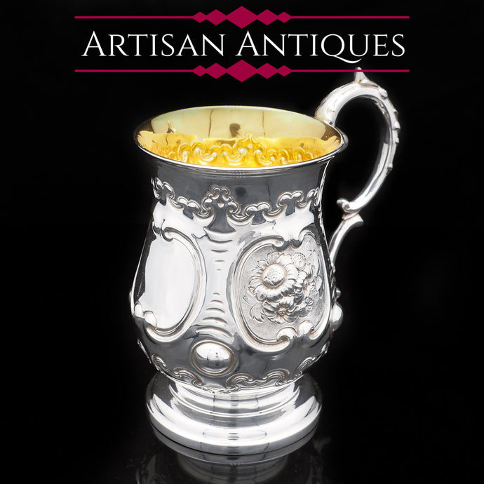 Victorian Solid Silver Pint Tankard/Mug with Chased Body - Hayne & Carter 1860 - Artisan Antiques