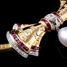 Load image into Gallery viewer, A Marvellous Vintage 18K Gold Ruby, Diamond &amp; Pearl Bow Necklace
