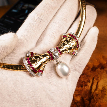 A Marvellous Vintage 18K Gold Ruby, Diamond & Pearl Bow Necklace – Artisan  Antiques
