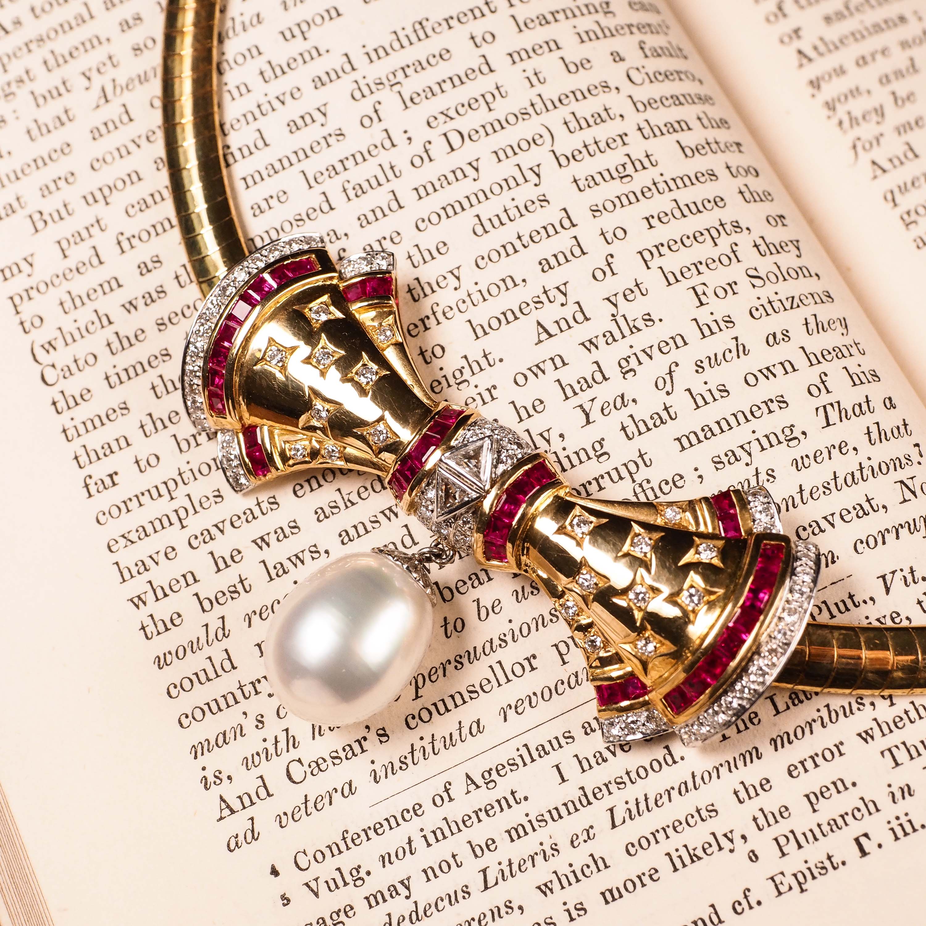 A Marvellous Vintage 18K Gold Ruby Diamond Pearl Bow Necklace
