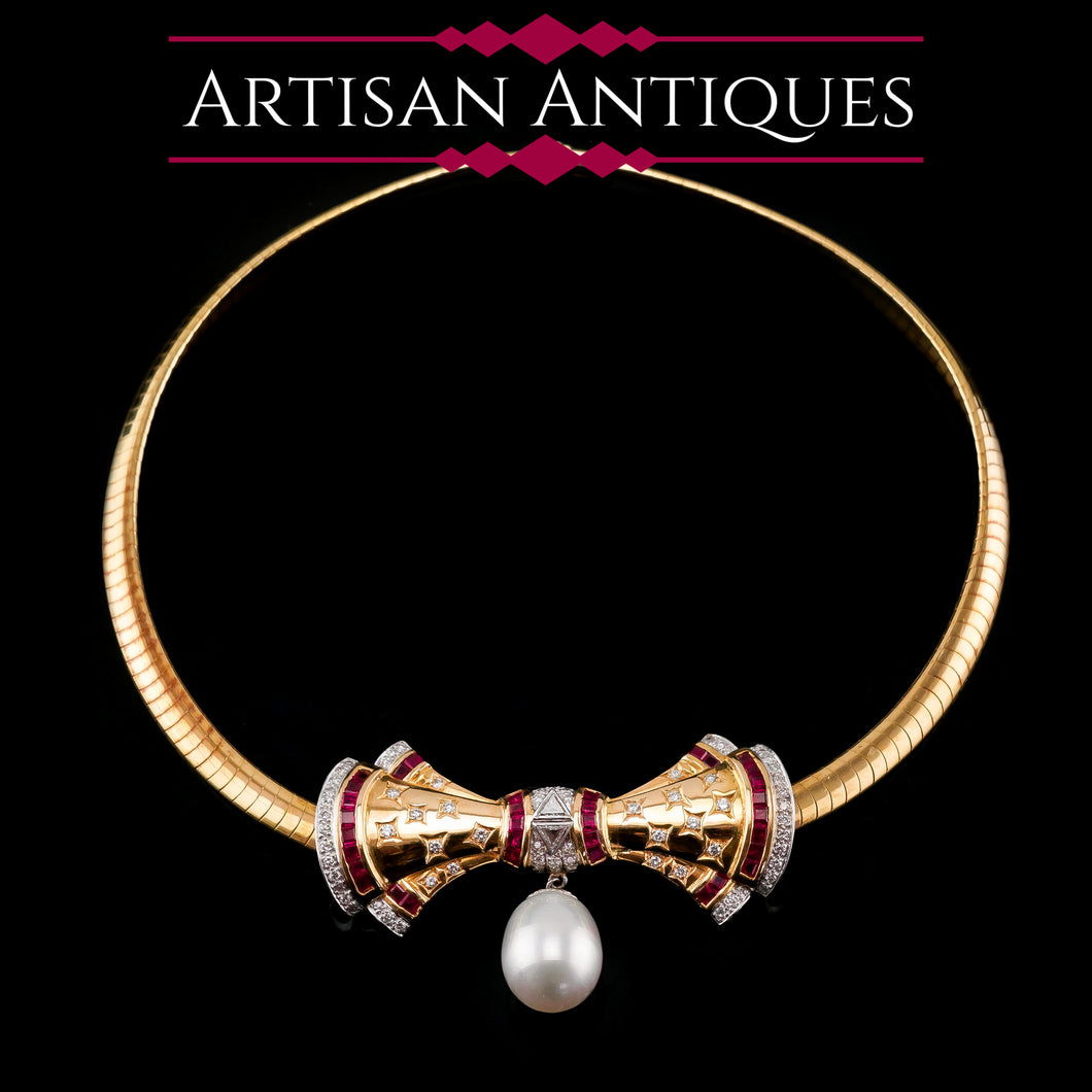 A Marvellous Vintage 18K Gold Ruby, Diamond & Pearl Bow Necklace