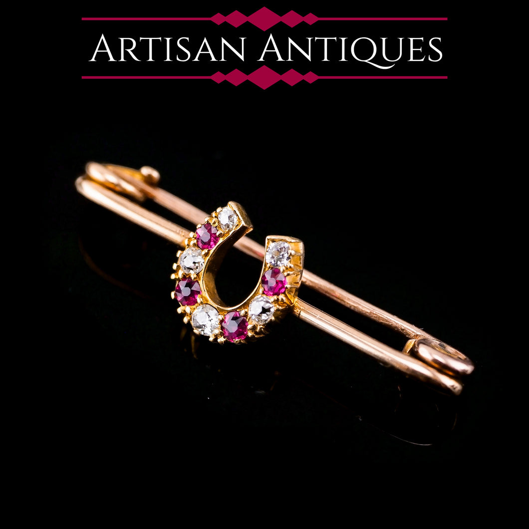 Stunning Antique 9K Gold Ruby & Diamond Horseshoe Brooch