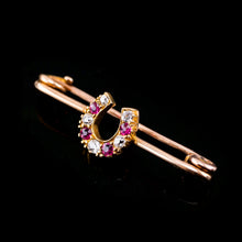Load image into Gallery viewer, Stunning Antique 9K Gold Ruby &amp; Diamond Horseshoe Brooch

