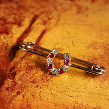 Load image into Gallery viewer, Stunning Antique 9K Gold Ruby &amp; Diamond Horseshoe Brooch
